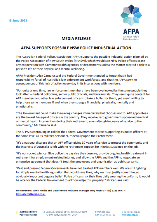 Have you read our support for @PoliceAssocNSW and their proposed industrial action?

The Federal Government needs to start supporting law enforcement officers. Police officers across the country are on the frontline and put their lives on the line each and every shift.