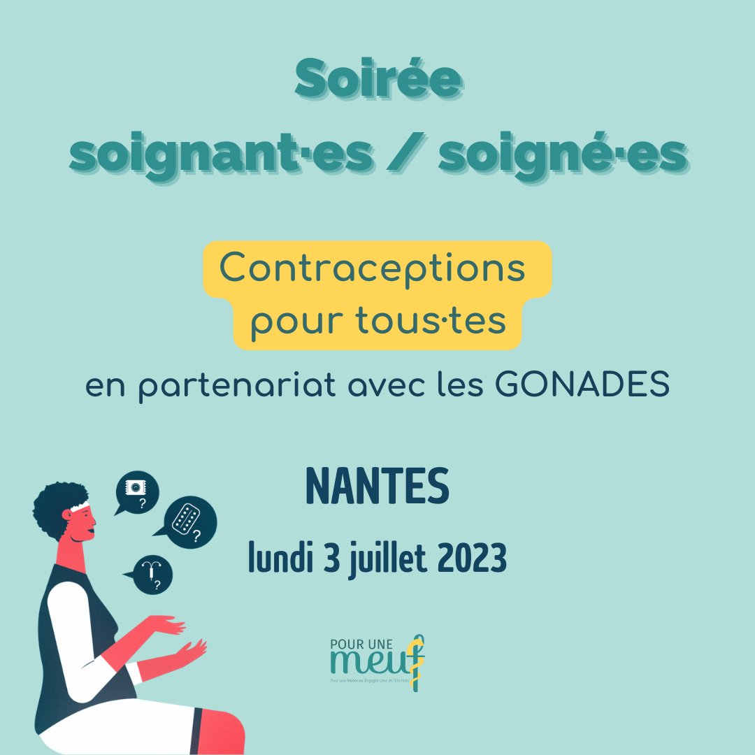 [Soirée soignant·es/soigné·es - Nantes - 03/07]
Nous co-organisons avec le collectif "GONADES" une soirée d'échanges entre soignant·es et soigné·es lundi 3 juillet prochain sur le thème des contraceptions pour tous·tes, en mixité
Inscription et infos = mobilizon.fr/events/e7d1448…