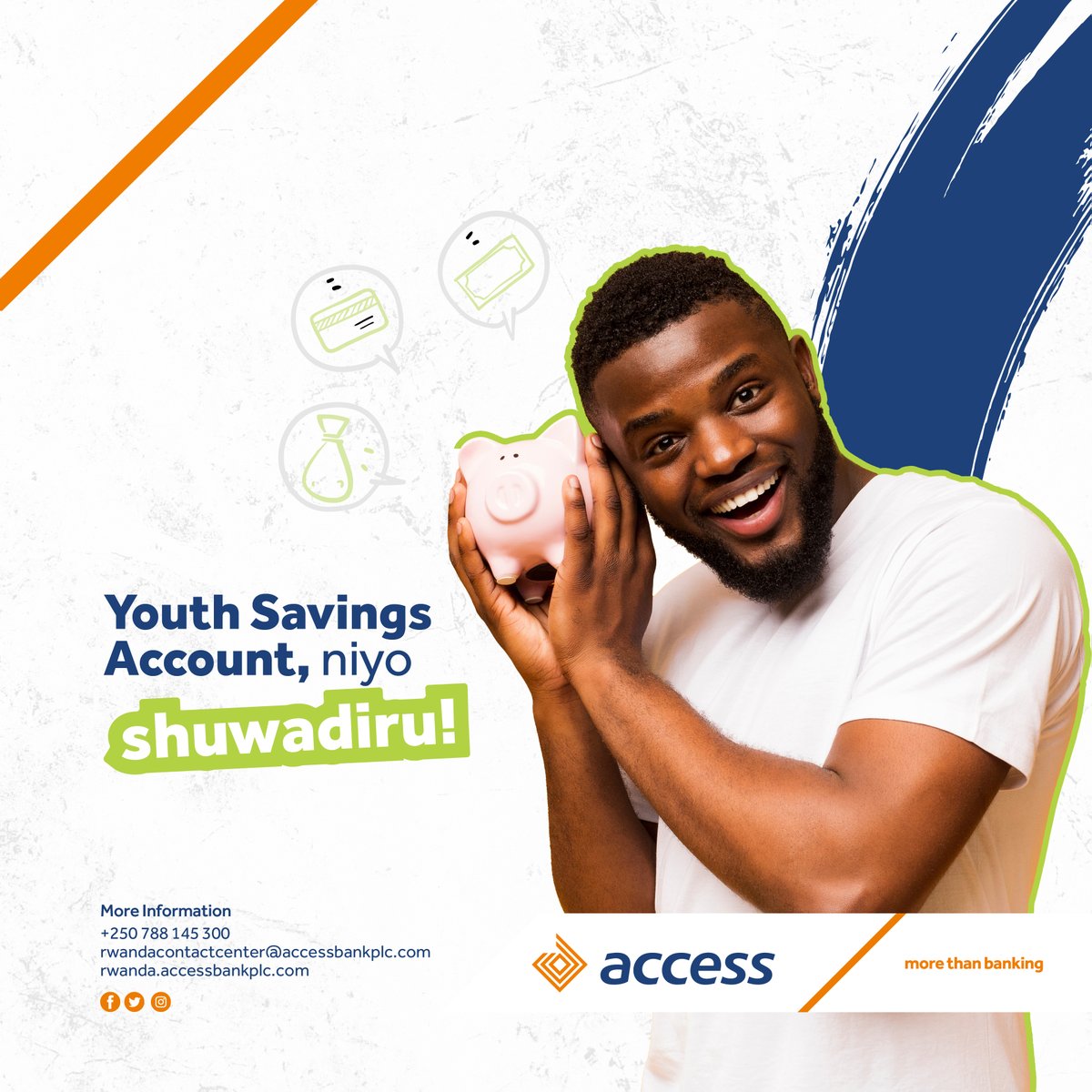 accessbankrw's tweet image. Icyumweru cyiza!
Rubyiruko, wari uzi ko konti ya “Youth Savings Account” iguha ibyiza BYINSHI harimo Visa card ku buntu, kubikuza inshuro 4 mu kwezi ndetse turanakungukira! Ntacyo bigusaba kirenze! Tugane unasangize amakuru n’inshuti zawe!
#Saveandearn #AccessCares #AccessMore