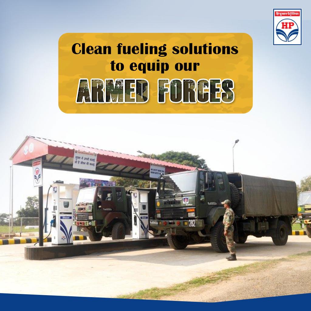 HPCL's tweet image. We're enabling sustainable fueling services for the #ArmedForces who tirelessly defend our nation everyday. #HPCL Retail Outlets aim to supply fuel to every corner of our nation, and this is a pivotal step towards it. #CleanFuels #DeliveringHappiness #HPCL