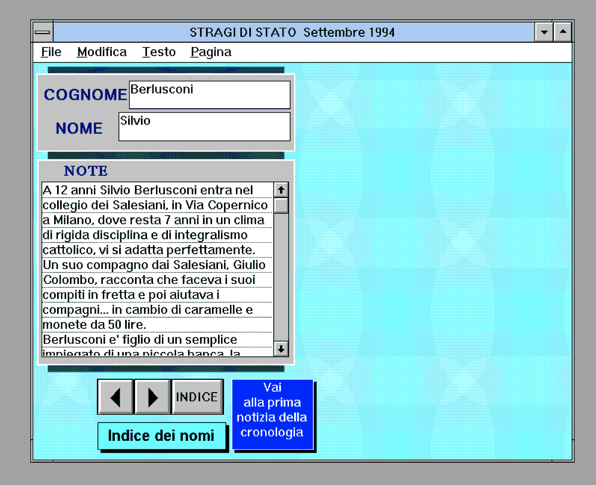 grazie a <a href="/verdebinario/">Verde Binario</a> su Internet Archive trovate l'ipertesto  Stragi di Stato di Stefano Sansavini (1994)
archive.org/details/stragi…
(nota: non è una pagina web ma un programma emulato per Windows 3.11)

una versione per il web è qui strano.net/stragi/
