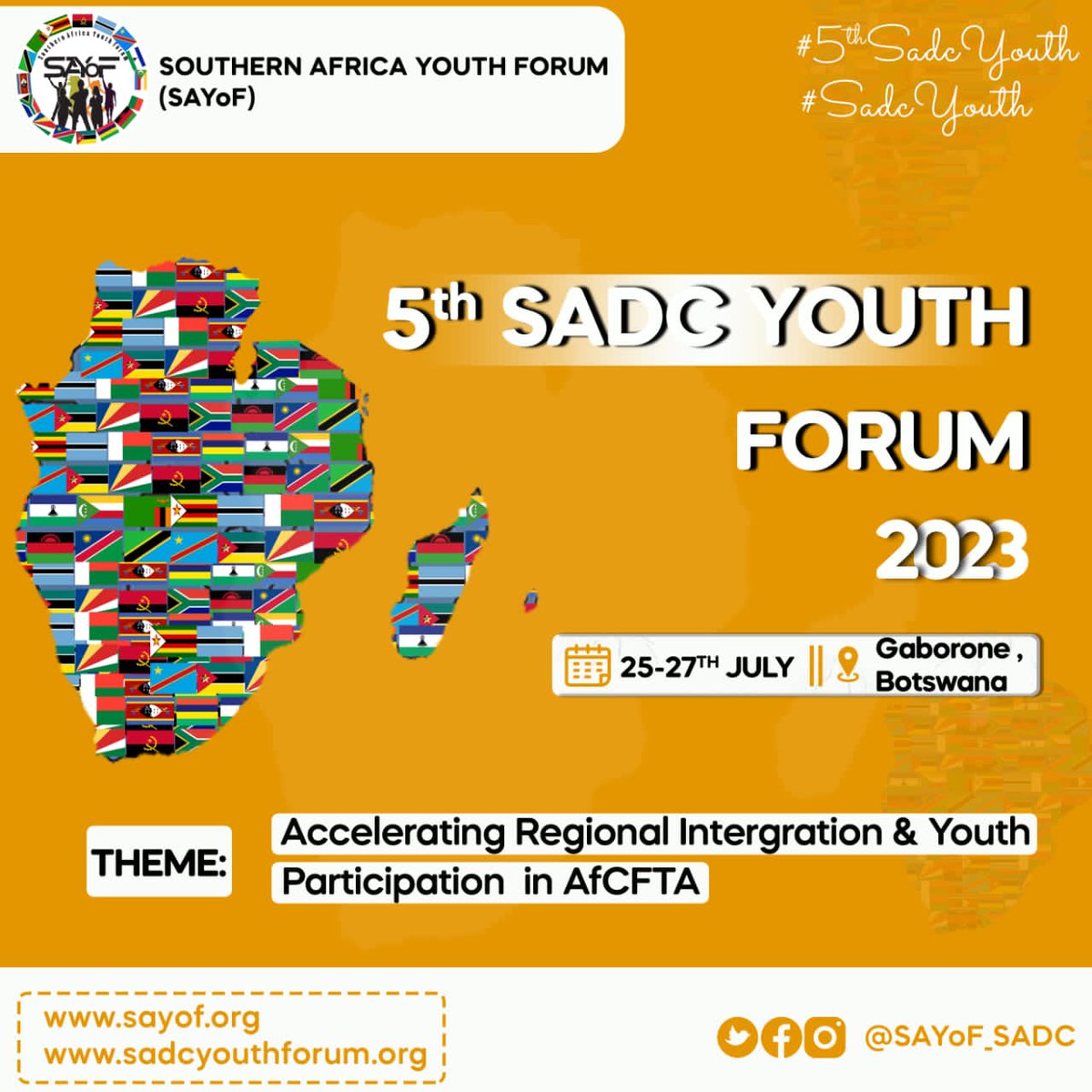📢📢#SADCYouthNews: The #SADCYouthForum is back and bigger than ever‼️
Our 5th #SADCYouthForum will be held in Gaborone, Botswana 🇧🇼 from the 25th-27th of July under the theme: Accelerating Regional Integration & Youth Participation in AfCFTA.
#SADCYouth #SADCYouthForum