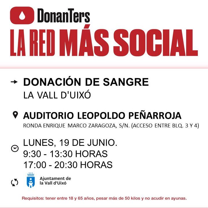 GVAdonasang's tweet photo. Punts de donació #LaVallDUixò
📅dilluns #19Juny
1 de cada 10 persones ingressades en un hospital necessita sang. La teua donació fa possible el seu tractament.
👉Si eres una persona sana entre 18 i 65 anys i peses més de 50 quilos, uneix-te a #Donanters 🩸 https://t.co/23VigRwy7Q
