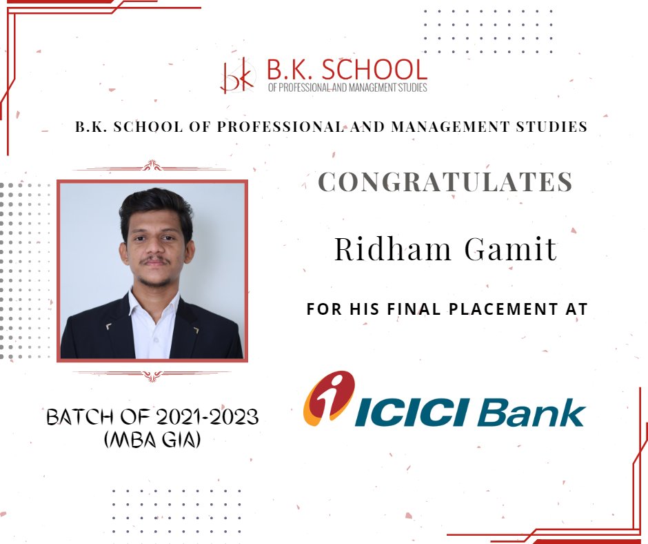 B.K. School of Professional and Management Studies (Grant-in-aid) would like to congratulate its Student for getting Final Placement at ICICI Bank. 

#bkspms #BKSchoolOfProfessionalAndManagementStudies_GIA #mba #gujaratuniversity #campusplacement #kinjaldesai #proud #icicibank