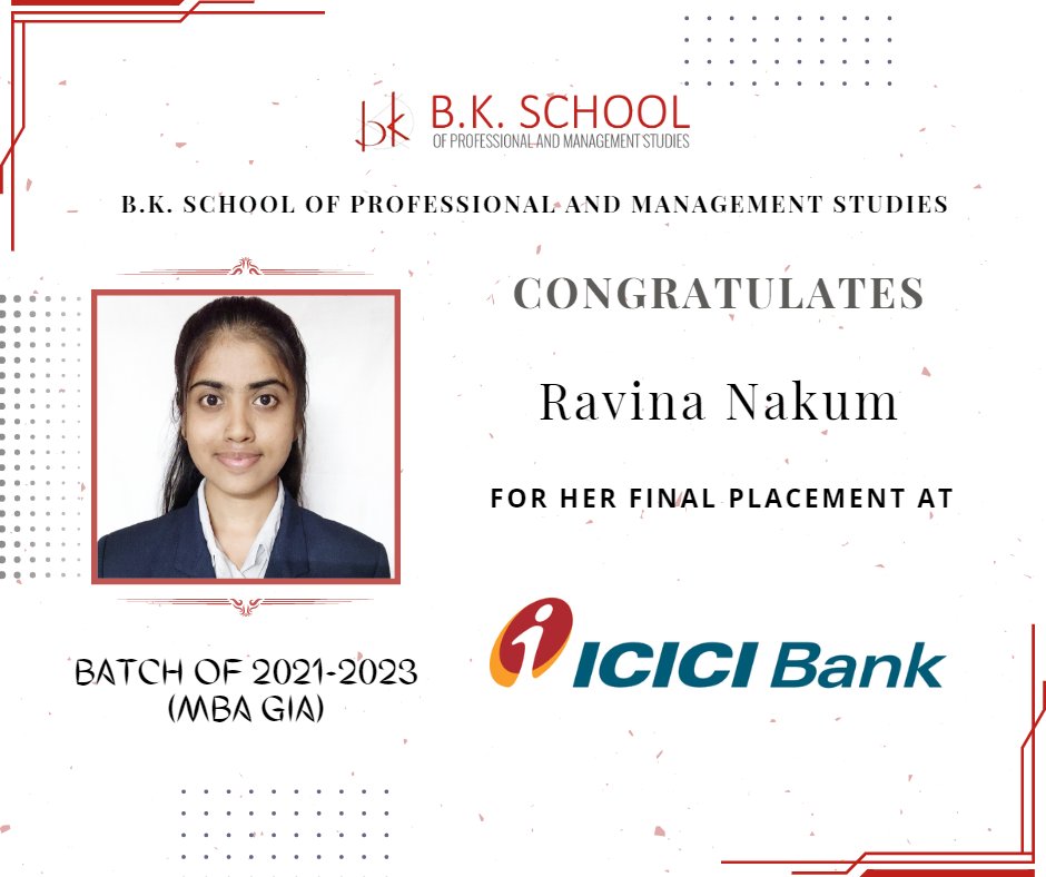 B.K. School of Professional and Management Studies (Grant-in-aid) would like to congratulate its Student for getting Final Placement at ICICI Bank. 

#bkspms #BKSchoolOfProfessionalAndManagementStudies_GIA #mba #gujaratuniversity #campusplacement #kinjaldesai #proud #icicibank