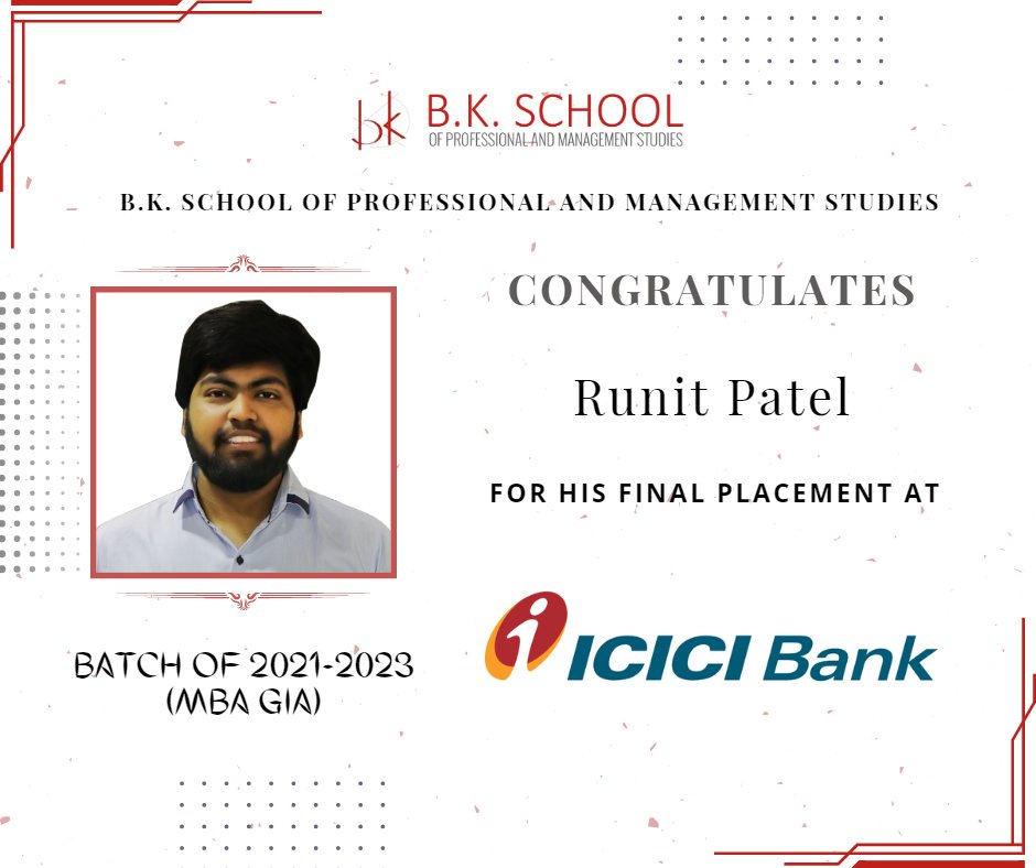 B.K. School of Professional and Management Studies (Grant-in-aid) would like to congratulate its Student for getting Final Placement at ICICI Bank. 

#bkspms #BKSchoolOfProfessionalAndManagementStudies_GIA #mba #gujaratuniversity #campusplacement #kinjaldesai #proud #icicibank