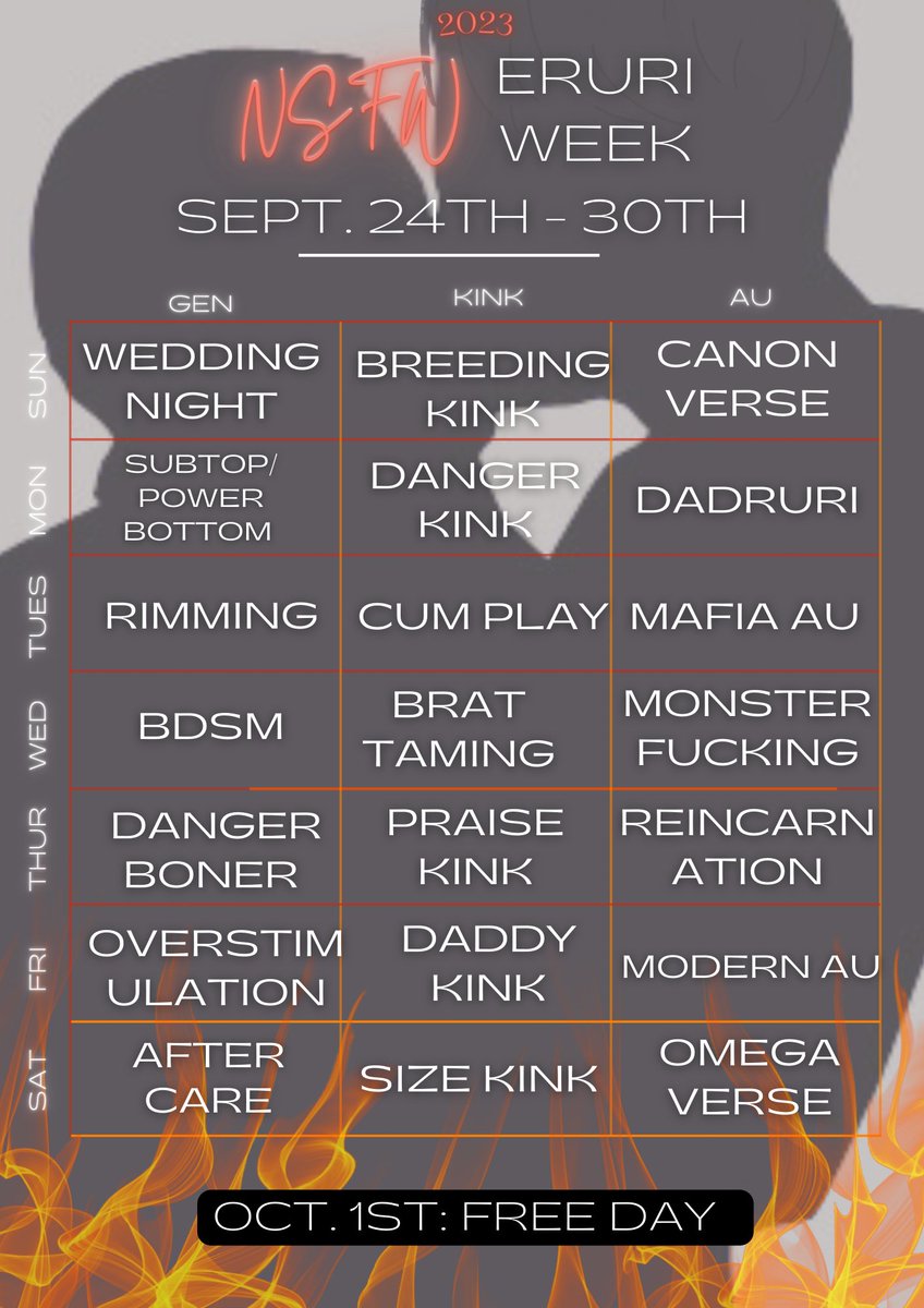 Here you have it, Eruris…

Your Prompts for #NSFWERURIWEEK2023! 

Have fun creating; we can’t wait to see what you have in store for us this year! 😈