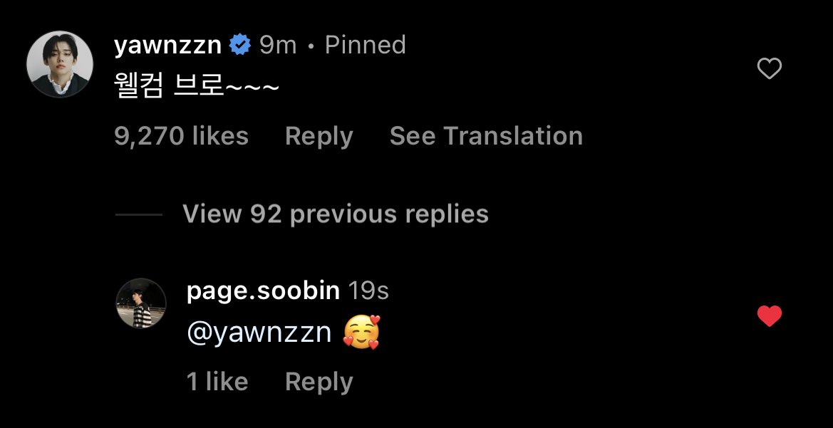 Soobin’s reply to Yeonjun’s comment and he also pinned Yeonjun’s comment haha

🐰: 🥰

#YEONJUN #SOOBIN