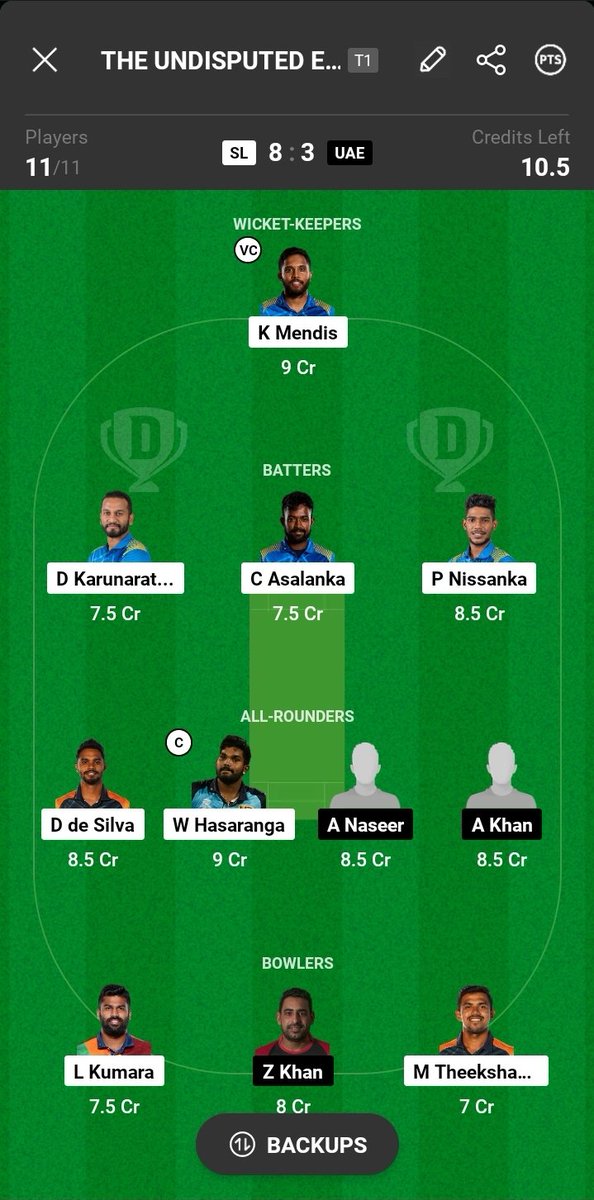 Here's the #Dream11 fantasy team for the match. Play Head To Head Contests ALSO👍
#CWCQualifier #SLvUAE #CWC23