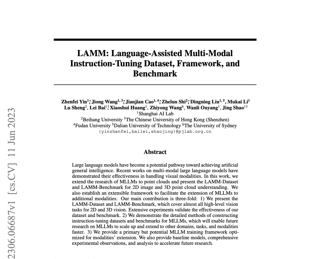 🎉(1/6) Exciting News:🐑LAMM is online!

⭐️Features:
① 200k 2D/3D Instruction tuning dataset
② Benchmark on 14 high-level 2D/3D vision tasks
③ Primary but potential framework trainable with only 4*A100s

📚Paper: arxiv.org/pdf/2306.06687…
⌨️Code: github.com/OpenLAMM/LAMM
