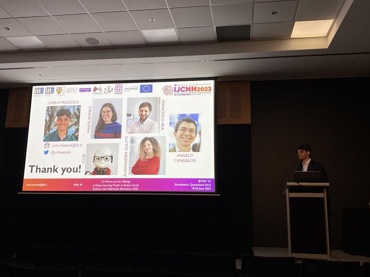 #DeepLearning can be definitely a tool to enhance IMPLICIT COMMUNICATION abilities in social #robots!

Just presented our work about Addressee Estimation for Social Robots at #IJCNN2023, this year in Queensland, AU
<a href="/RBCS_CONTACT/">RBCS & CONTACT IIT</a> <a href="/corolab_UoM/">UoM Cognitive Robotics Lab</a> <a href="/TERAIS_project/">TERAIS</a> <a href="/alefreedot/">Alessandra Sciutti</a> <a href="/netspash/">Francesco Rea</a>