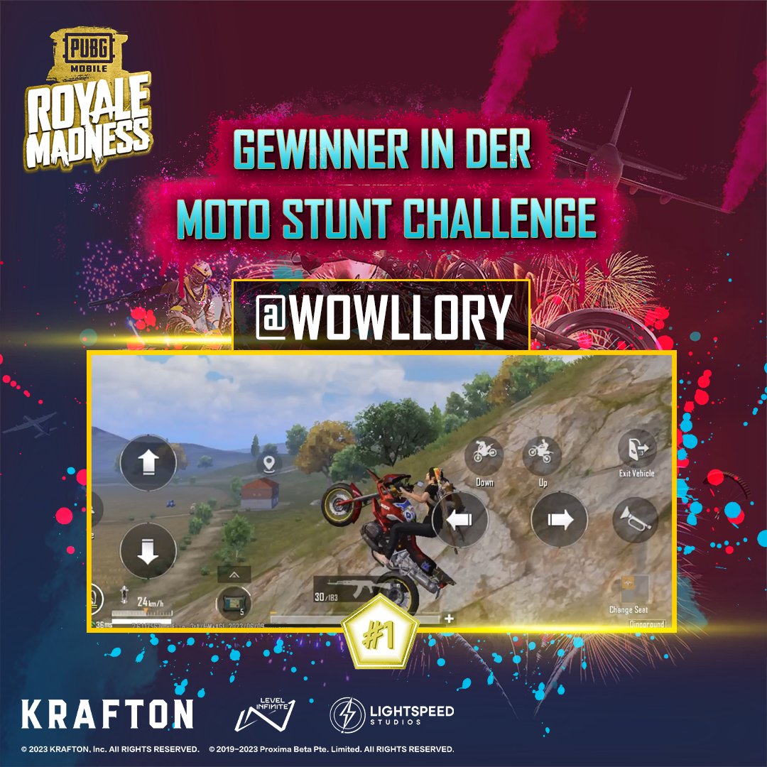 PUBGM_DE's tweet photo. Gratulation an den Gewinner des #MotoStunt, @Wowllory! 🏆Du bist jetzt offiziell der/die beste Fahrer*in in PUBG MOBILE! Bitte kontaktiere uns, um deine 3.850 UC zu genießen ✨. #PUBGMOBILE #ROYALEMADNESS https://t.co/UdsZcJIhLU