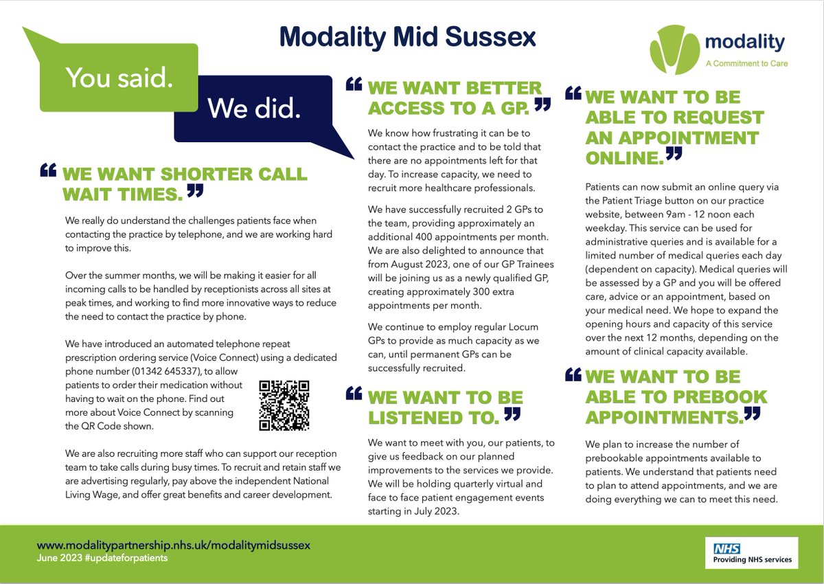 Today, we publish our plan to improve access and services for our patients. Click on the link below to read the plan at modalitypartnership.nhs.uk/midsussex/thew…

#planforpatients #modalitymidsussex