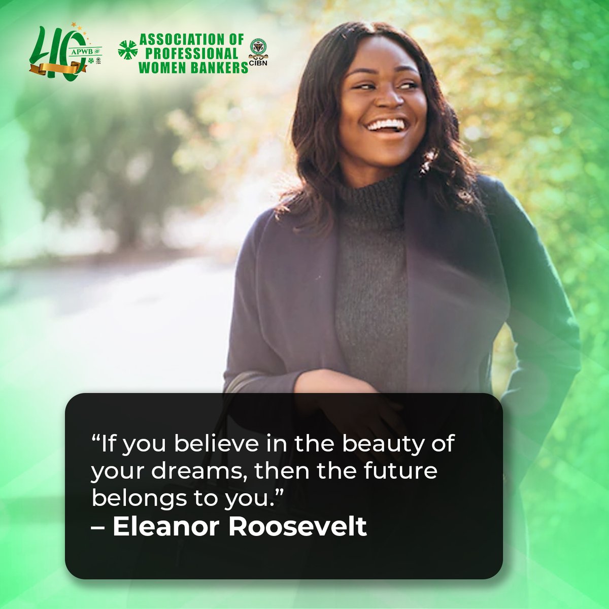 Believe in your dreams.

Tag someone to remind them below.

.

#APWB #APWBNigeria #FinanceExpert #CareerPath #ProfessionalWomen #CareerMotivation #CorporateFinance #BankingMadeEasy #WomenBankers #BankingSystem #FinancialAnalyst #FinancialServices #FinancePlanning