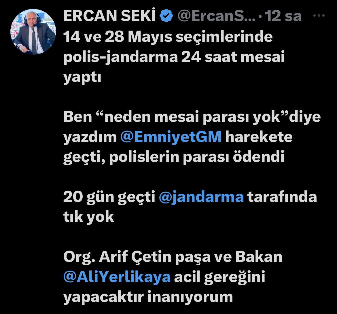 Jandarma 🇹🇷 Hadi gözünüz aydın Başardık 💪 Polisten sonra @jandarma’ya da seçim mesaisini koparttık 😉 Jandarma personeline seçim ödülü ödenmesine dair talimat yazıldı Bakan @AliYerlikaya’nın onayı bekleniyor 👏👏👏