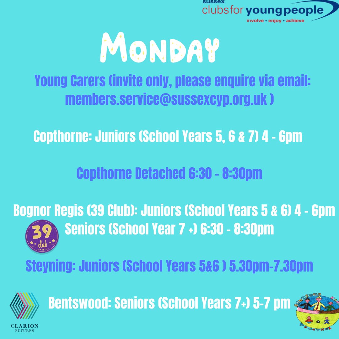 We've got another week of sessions starting today  😎
Join us for Junior and Senior Sessions☀️
#youthwork #support #youngpeople #youthclubs #youngcarers  #sussexcyp #39clubbognor #WestSussex #Bognorregis  #bcphh