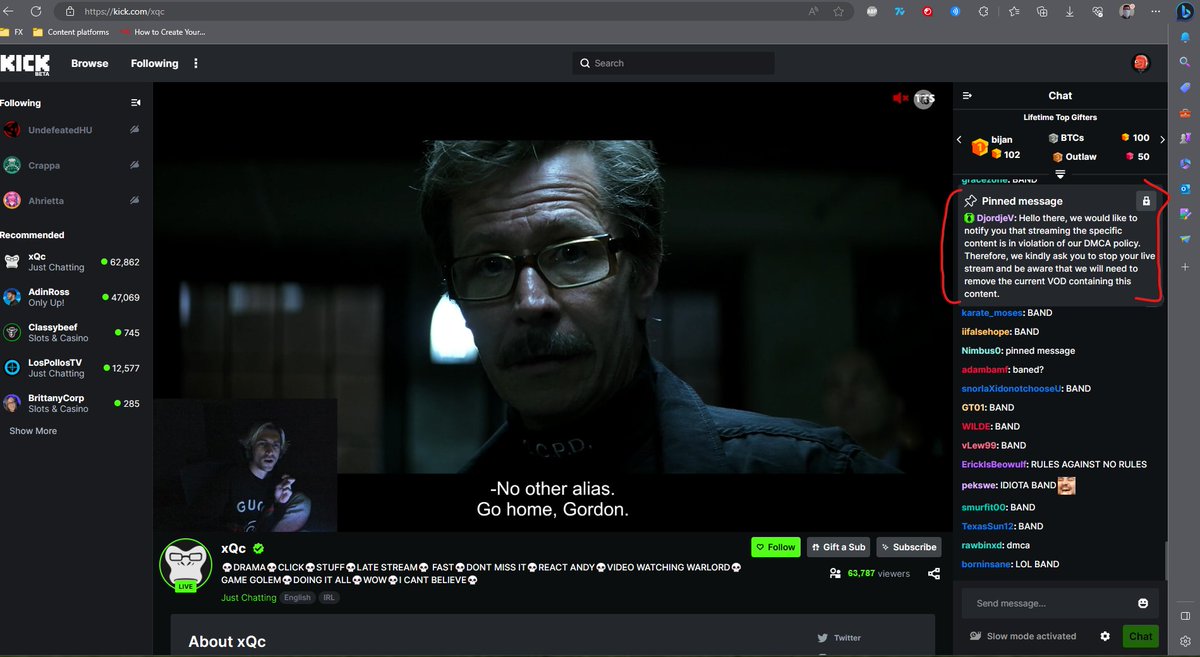 ShinjiRL's tweet photo. Who would've thought, that #KickStreaming fears the feds ? A Kick staff, to prevent a takedown notice, just pinned the below message to stop xQc's stream for DMCA violation, while he was streaming a Batman film.
#dmca #itstarted #kick #twitch https://t.co/n7RRGiVIvZ