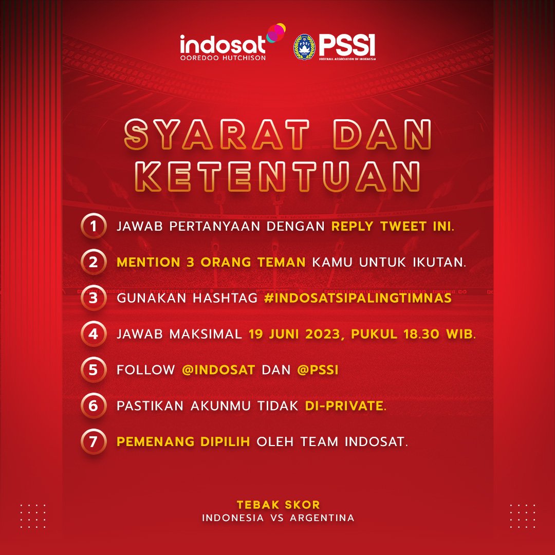Bukan tebak buah manggis tapi tebak skor Indonesia VS Argentina.

Menangkan hadiah e-wallet senilai Rp300.000 untuk masing-masing 5 orang pemenang.

Semoga Berhasi!

#IndosatOoredooHutchison #IOH #EmpoweringIndonesia #KitaGaruda #GarudaMendunia #IndosatSiPalingTimnas