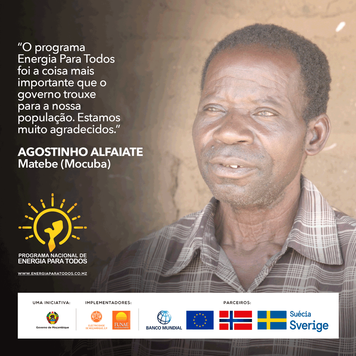 todos_energia's tweet photo. Agostinho Alfaiate, residente em #Matebe, falando dos benefícios que teve com a chegada do programa Energia Para Todos.
Acompanhe a evolução que vai chegar a todos os pontos do país em https://t.co/Wuglyp0VNE
#EDM #FUNAE #BancoMundial #UniaoEuropeia #Noruega #Suecia https://t.co/1Qge09AnZ9
