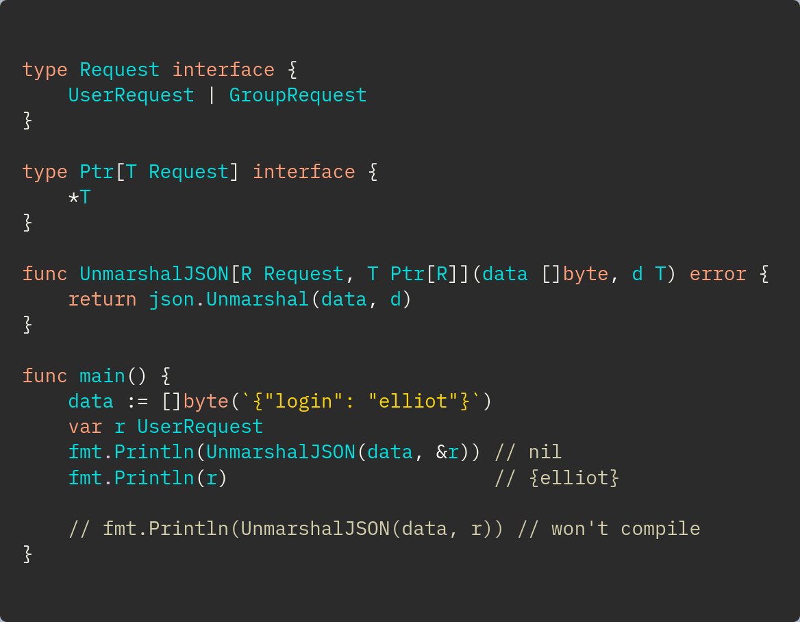 tebeka's tweet image. #golang #gem: You can use generics to check in compile time that a pointer is passed.