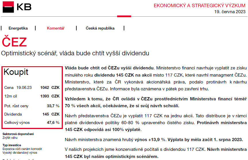 BobTrampota's tweet photo. MinFin navrhuje vyplatit divi 145 CZK proti managementem @SkupinaCEZ oznámených 117 CZK. 145 byl náš bull-case, výnos +13,9 %, VH 26.6., poslední den s divi 28. 6. #KBreport 👉 https://t.co/aV69IXkZPV ✍️ @komercka. https://t.co/WFDOQ8GSqD