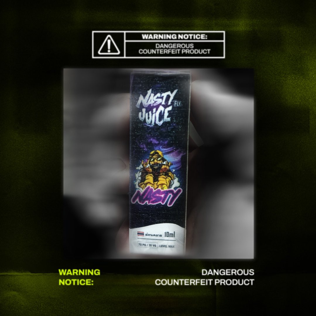 NstyWorldwide's tweet photo. ⚠️ WARNING NOTICE: DANGEROUS COUNTERFEIT PRODUCT ⚠️

NASTY JUICE ALERT: Counterfeit products illegally featuring the NASTY JUICE trademark have been discovered in Malaysia. These fake products falsely claim to be manufactured by NASTY and pose serious health and safety risks. https://t.co/4A9VwYLUJM
