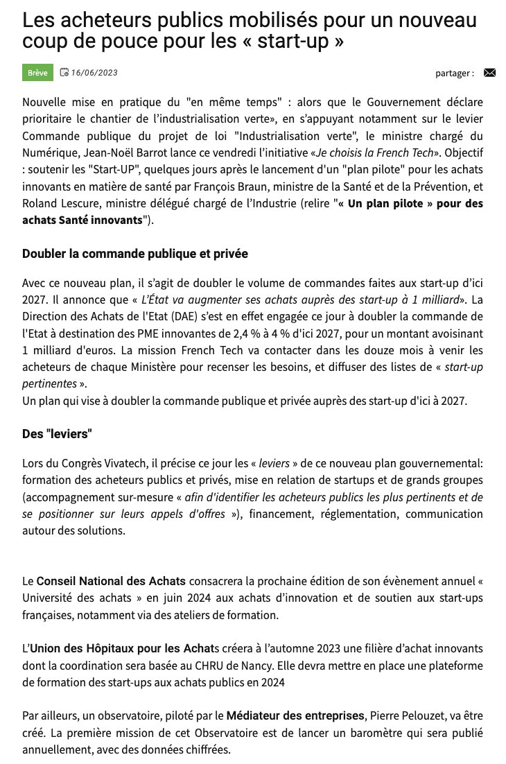 📰 A lire ou à relire #CommandePublique : Les #AcheteursPublics mobilisés pour un nouveau coup de pouce pour les #StartUp. Jean-Noël Barrot lance l’initiative '#JeChoisisLaFrenchTech'... #MarchésPublics #Innovation achatpublic.info/actualites/bre…