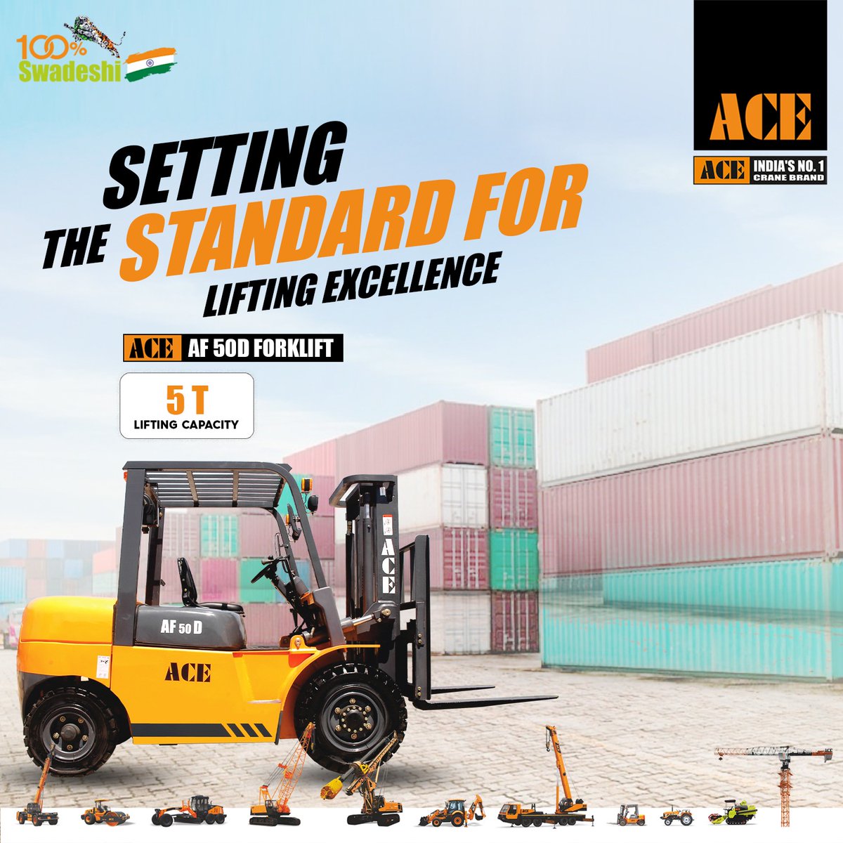 AceCranesIndia's tweet photo. Rely on ACE 5T Forklift, a real work horse, rugged and reliable, strong built and dependable.
#ACE #ACECranesIndia #Forklift #ACEForklift #AF50D #ForkliftTruck #WareHousingEquipment #Lifting #5T #DieselForklift https://t.co/VxUyeYcIpY