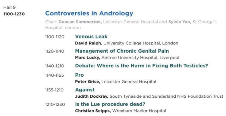 Join us in Hall 9 at 1100 for Controversies in Andrology - all questions about venous leak, chronic pain, to fix or not to fix, the future of Lue procedure, answered
@davidralph @marclucky @PeteGrice @JudeDockray @christianseipp @duncansummerton @BAUSurology