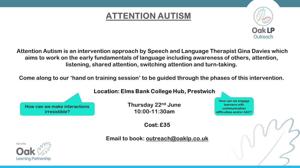 🌟This week we are hosting training to support and engage reluctant communicators

Email outreach@oaklp.co.uk to book on

Thursday 22nd 10-11:30am 
Elms Bank College Hub 
£35