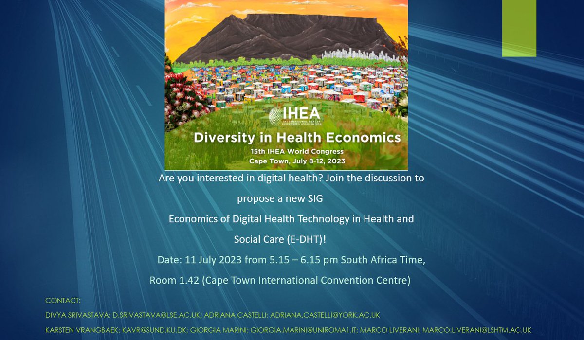 Are you interested in digital health? Join the discussion to propose a new @healtheconomics Special Interest Group (SIG) in digital health technology and health economics . Attend in person in Cape Town or join via Zoom. Please let me, @CastelliAdriana @GiorgiaXMarini know !