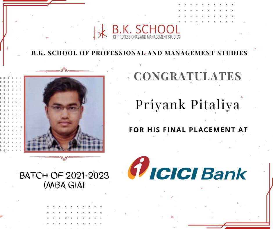 B.K. School of Professional and Management Studies (Grant-in-aid) would like to congratulate its Student for getting Final Placement at ICICI Prudential. 

#bkspms #BKSchoolOfProfessionalAndManagementStudies_GIA #mba #gujaratuniversity #campusplacement #kinjaldesai #proud #icici