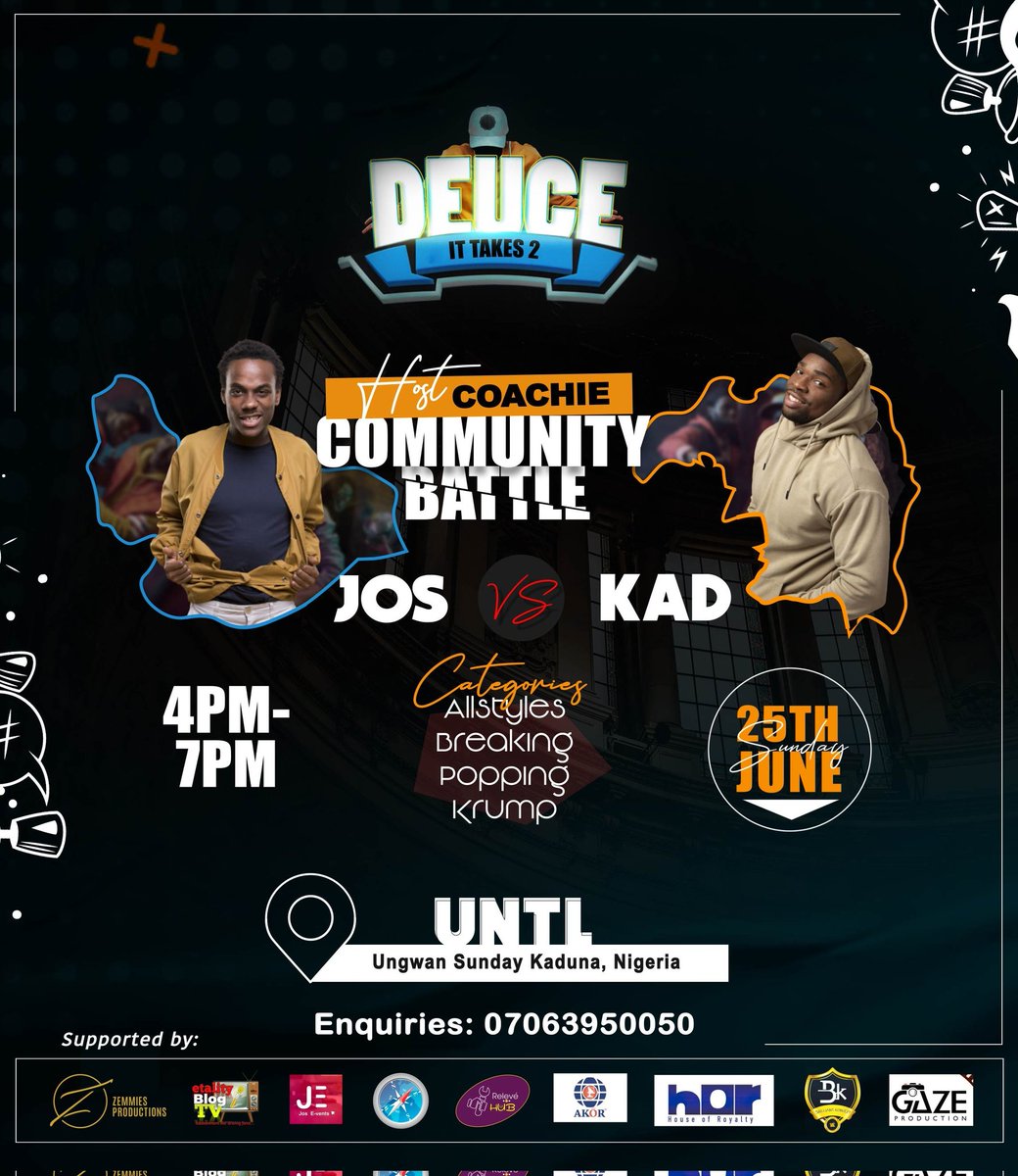 coachiecompass's tweet photo. KADUNA VS JOS Dance Battle
Popping 1vs1
Breaking 1vs1
Krump Doubles
All Styles 5vs5
Breaking 6vs6

25th June 2023
UNTL Basketball Court https://t.co/7lV2H3tNZQ