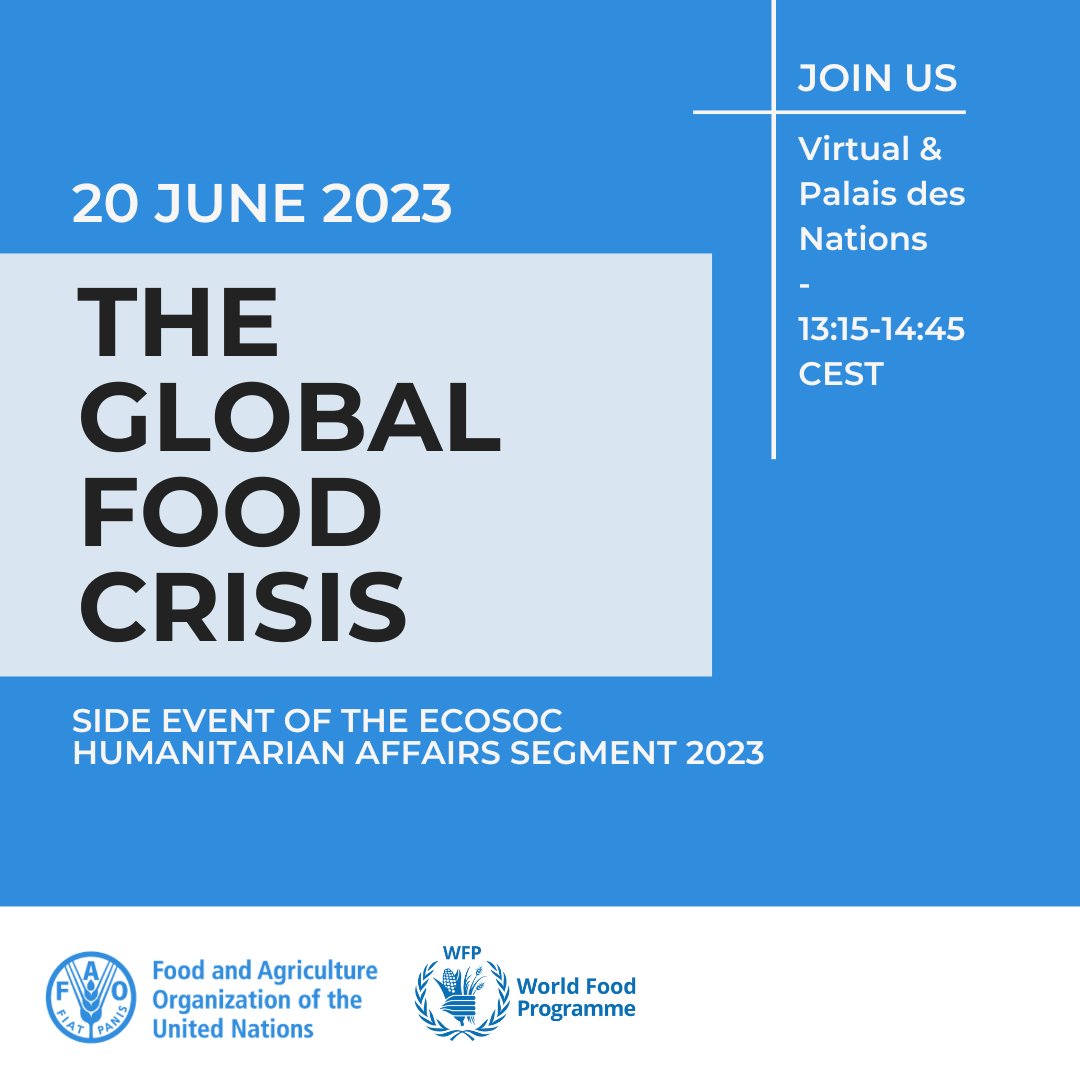 The <a href="/UNECOSOC/">UN ECOSOC President</a> Humanitarian Affairs Segment 2023 is starting this week 💪

Join us at the side event <a href="/FAO/">Food and Agriculture Organization</a> &amp; <a href="/WFP/">World Food Programme</a> are organizing to discuss how global #FoodCrises are impacting different communities &amp; groups across different contexts.

📋Register here: bit.ly/3Nz3wR6