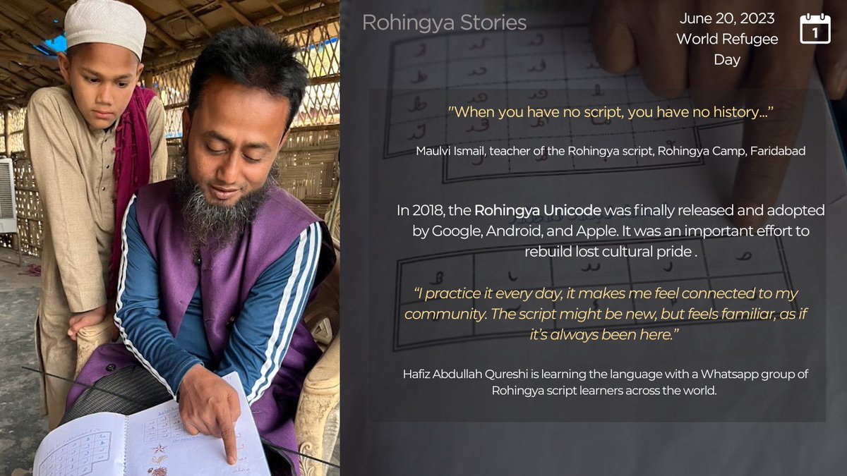 ROHRIngya's tweet photo. 1 day to #WorldRefugeeDay! When a community loses its soc/cultural structures & context - songs, poetry & language, it experiences ‘social death’. The creation of #RohingyaScript and its #Unicode version is helping revive their fading cultural identity.
Graphics: #Anusha Sharma @mg2411 @BobRae48 @GeetanjaliKris1 @Ronan_Lee @MayWongCNA @StatePRM @MinorityRights @ccrweb @Reaproy @amnestysasia @SecBlinken @RefugeesIntl @NRC_Norway @WorldRefugeeDay @WRD_OMAHA @SEA_GLOBE @UNGeneva @john_hq3 @matthewfsmith @OpenSociety @forum_asia @R4RStories @hrw @zaw_win87 @Apoorvanand__ @APRRN_ @pratima_narayan @jafarullah16 @AJEnglish @HemadriRavi @nslwin @EU_Commission @OHCHRAsia @destinydefier