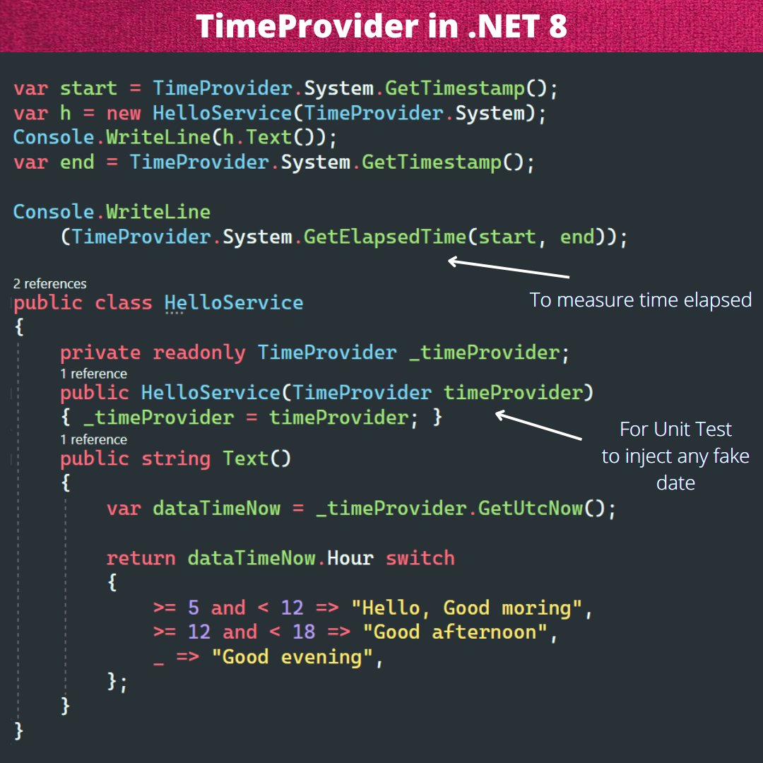 WalenciukC's tweet image. TimeProvider will be here in .NET 8

Finally, you won&apos;t have to write your interface that wraps &quot;DataTime..Now&quot; for unit tests

#dotnet #dotnetcore