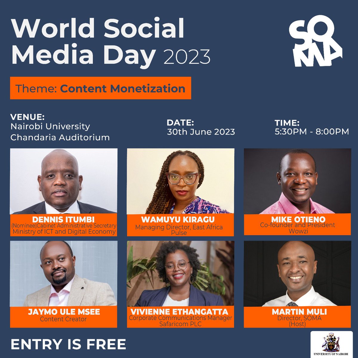 World Social Media Day 30th June 2023, 5:30PM -8:00PM University of Nairobi, Chandaria Auditorium. Book your calendar. @uonbi @OleItumbi @JaymoUleMsee @martinmuli @SafaricomPLC @EABL_PLC