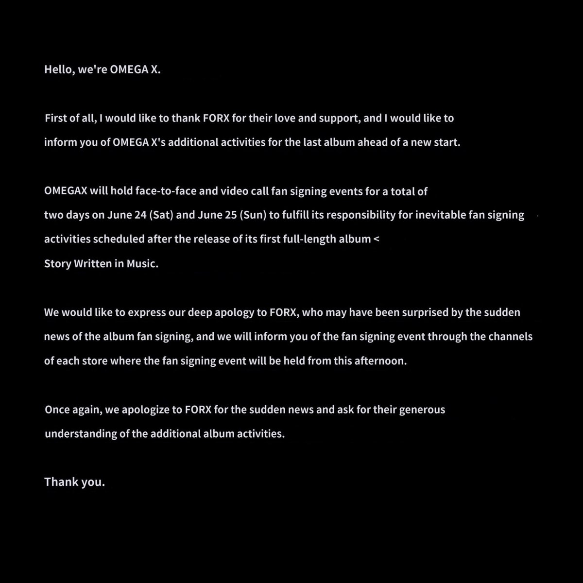 OmegaXworldwide's tweet photo. @OmegaX_official [📢]

Hello, we are OMEGA X.

Thank you FOR X for your love and support, and I would like to inform you of OMEGA X’s additional activities for the last album ahead of a new start.

Please check the image below for details.

Thank you. https://t.co/1fW9Gwjsfm