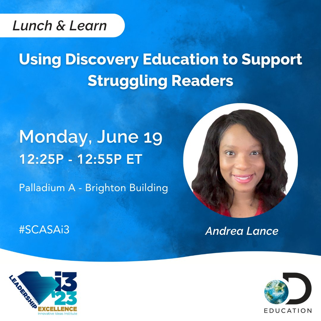 Looking to #SupportStrugglingReaders?  Come learn more w/@andie_lance at @DiscoveryEd 

Lunch & Learn...YES, please!

#SCASAi3 #BetterTogether #sced #loveSCschools