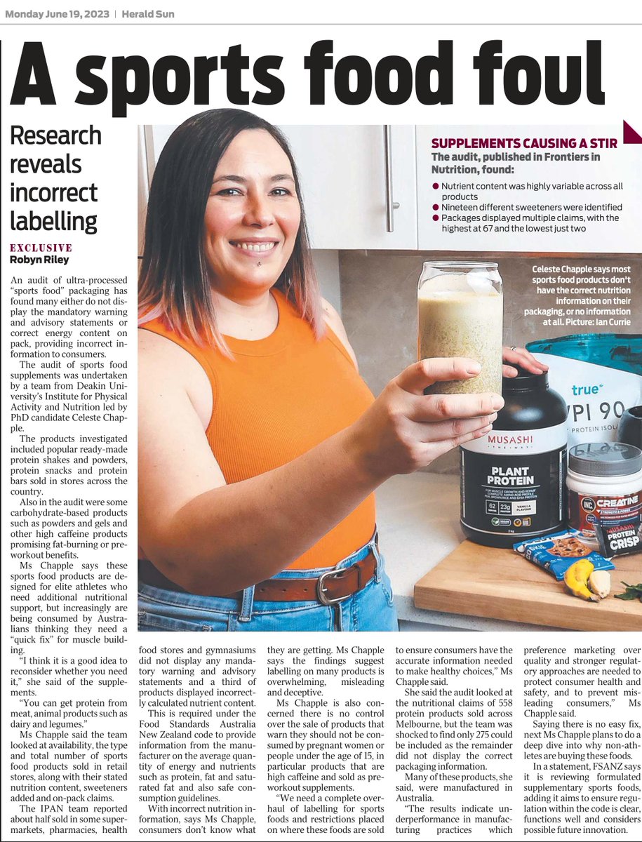 DeakinIPAN's tweet photo. IPAN #PhD student @Celeste_Chapple comprehensively audited sports foods available in Australia - and found many did not live up to the nutrition claims on the packaging.
Read more: https://t.co/mcrWeEZ0in
@theheraldsun @deakinresearch @DeakinHealth https://t.co/xPXBElRaXp