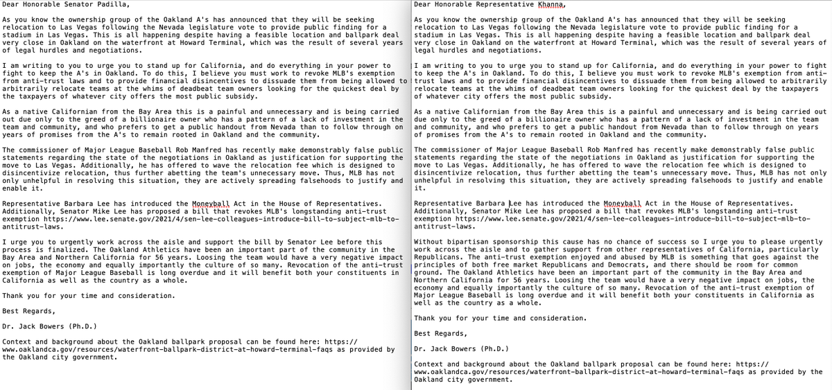 Oakland #Athletics fans it's vitally important to write to your US senators and representative to urge them to work to save the team by revoking MLB's anti-trust. Urge the senators to support Sen Mike Lee's bill and the Representative to support Barbara Lee's bill (Moneyball Act)
