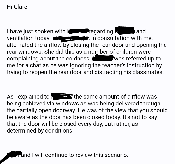 Well it was nice while it lasted 🙄 If the same airflow is being achieved in the classroom without the door open, why would it be warmer? 🤔
