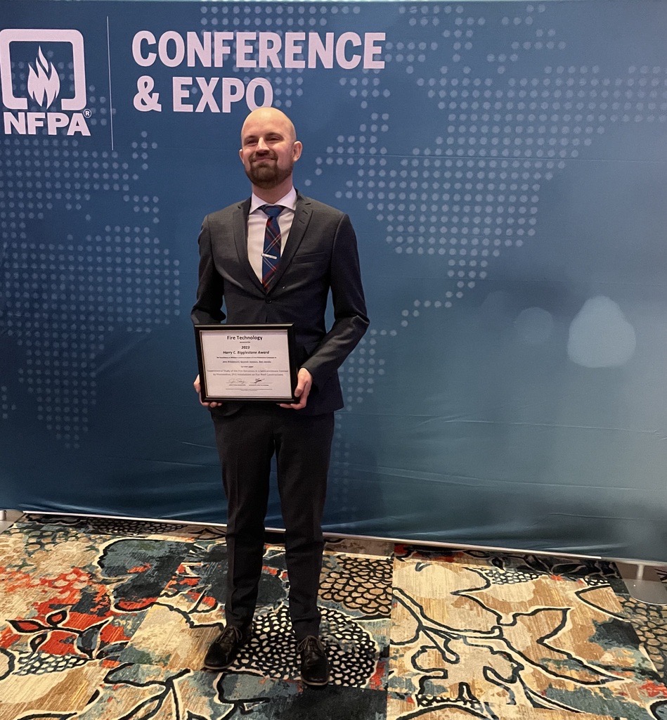 Jens Kristensen, Benjamin Jacobs, &amp; Grunde Jomaas are the winners of the 2023 Harry C. Bigglestone Award, which is given for a paper published in Fire Technology that best represents excellence in communicating fire protection concepts. Kristensen accepted the award. #NFPAConf23
