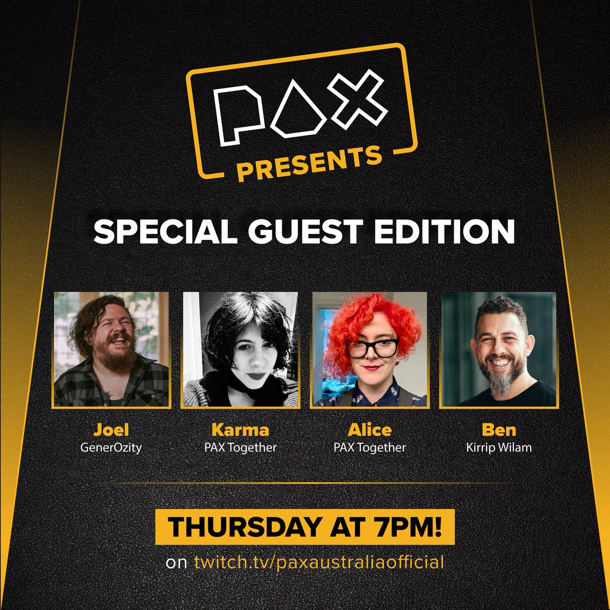 Episode 3 of PAX Presents 2023: broadcast to a screen near you this Thursday night! (22/6 7PM AEST) - Follow us now to be alerted once live: twitch.tv/paxaustraliaof…

This episode is chock-full of special guests:
-<a href="/Lontray/">Lontray</a> from <a href="/GenerOZity/">GenerOZity</a> 
-<a href="/KarmaClarke/">Karma Clarke</a> and <a href="/Alicedkc/">Alice Clarke</a> from PAX