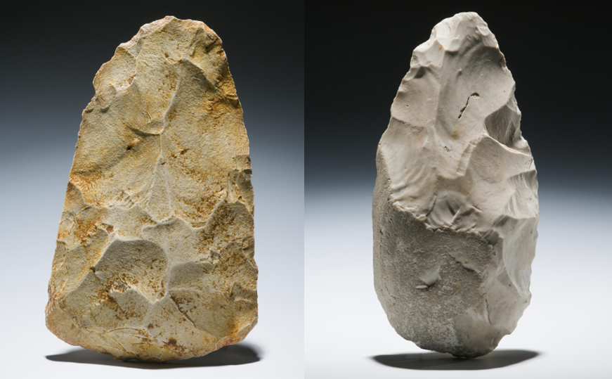 The length of time that humans have been present in Wales is truly mindboggling, for example, when the bout-coupé handaxe (Laugharne) on the left was made the Lower Palaeolithic handaxe (Rhossili) on the right was already around a quarter of a million years old. Images NRW.