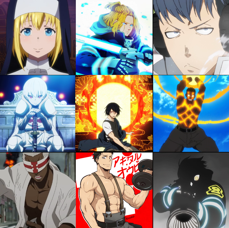 3x3 Favorites in Fire Force, one of the best new gens 💪🔥
This anime has such a good cast, it was hard choosing just 9