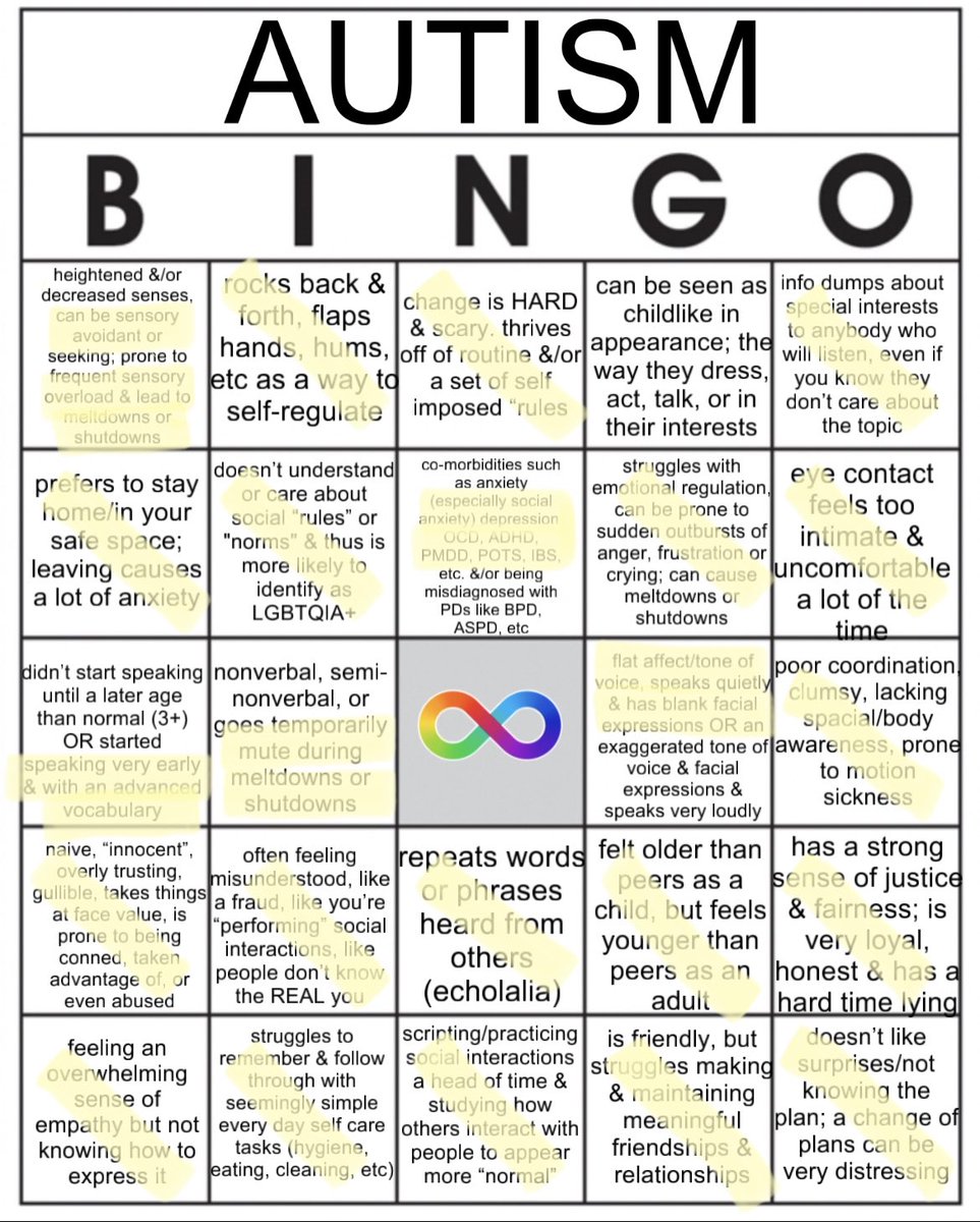 i made an autism bingo bc i was bored & autism/how it affects me & my life is one of my special interests

do it if you wanna :)