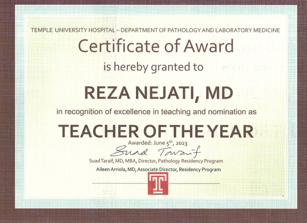 I'm thrilled and grateful to have been awarded Teacher of the Year by the @templepathology residency program! I'm honored to contribute to the growth of future pathologists #hemepath #TeacherOfTheYear #PathologyEducation @FoxChaseCancer