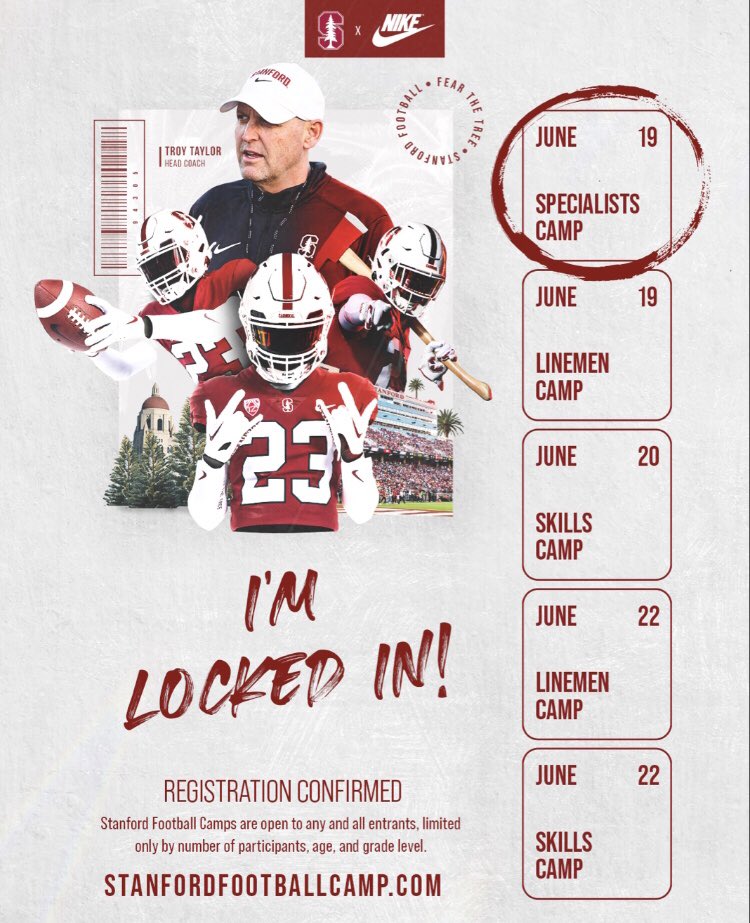 I’m locked in! Can’t wait to learn & improve my craft at the @StanfordFball Specialist Camp June 19th. Looking forward to meeting new people. 

#Power5 | #PAC12 | #GoStanford | #TeamSailer 

@TroyTaylorStanU @CoachBobGregory @Mdoyle76 @GarrettWolfe11 @CoachPehrson