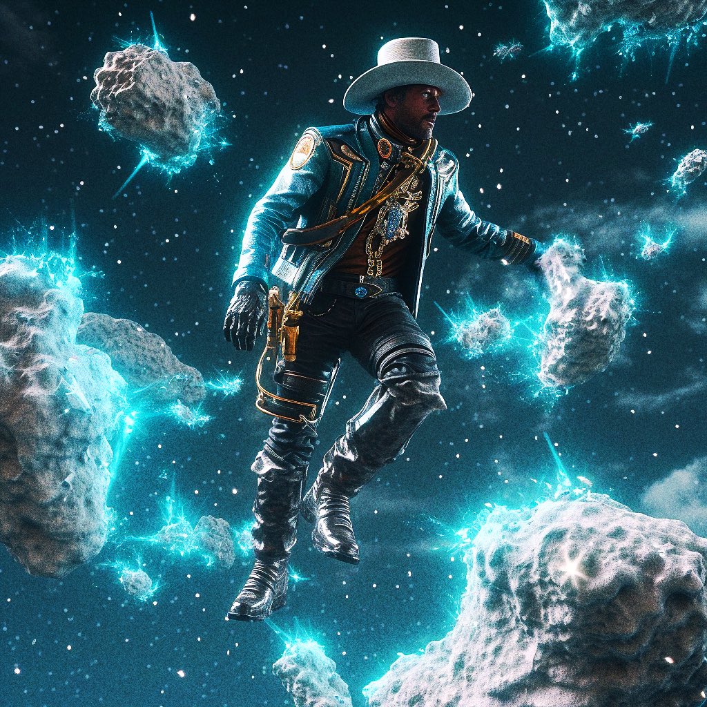 TMachineMuseum's tweet photo. 390 pieces of imagination and Spoon “She’s Fine, She’s Mine” Spotify playlist. 

Arcada, Cowboy of the Net. 
#FathersDay #digitalart #3d #3DModel #photoshop #octanerender #mixedmedia #nftart #art #illustlation #NFTCommuntiy #nftcollector #NFT #OpenSeaNFT #midjourney https://t.co/R3xU1LH4EX
